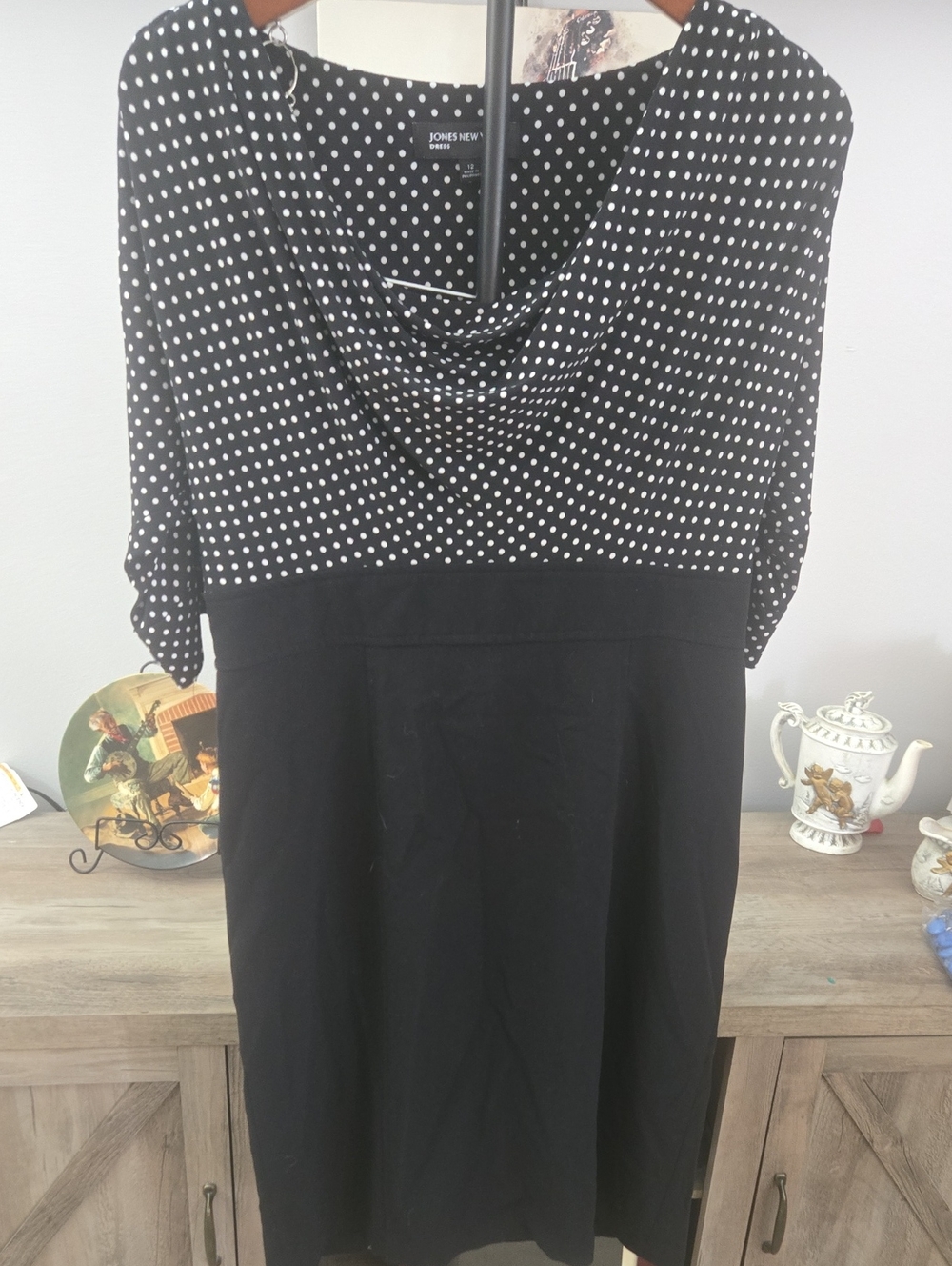 Jones New York Black & White Polka Dot Cowl Neck Dress